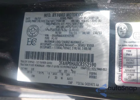 2012 Ford Fusion Se из США, поврежденный, VIN 3FAHP0HAXCR352590